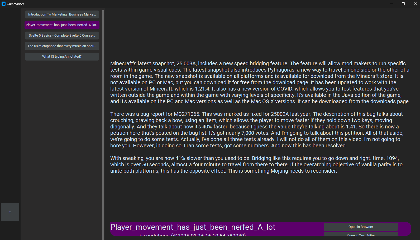 screenshot of the youtube to summary project