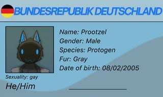 Icon of a license with the image of a cyborg species called protogen, stating things like fur colour